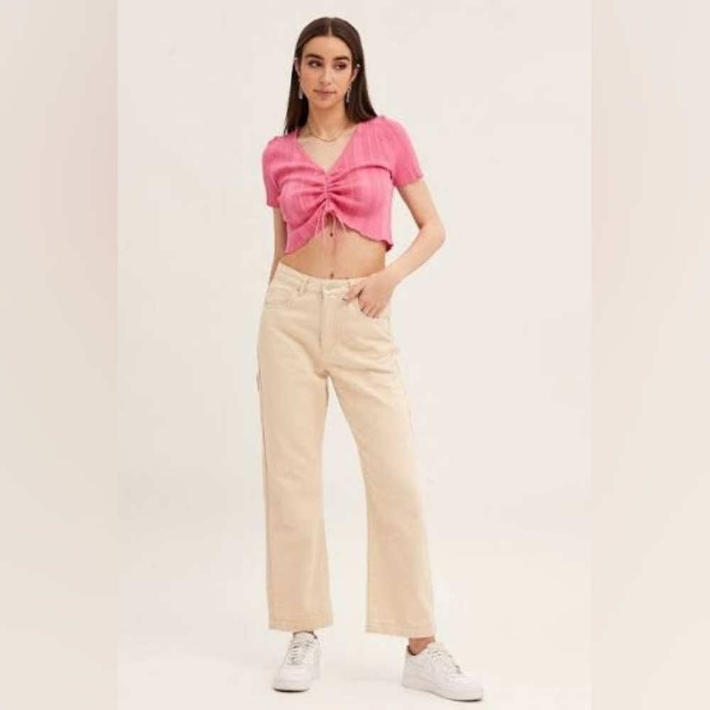 Baddie Barbiecore Feminine Hot Pink Ruched V-Neck Ribbed Crop Top XS